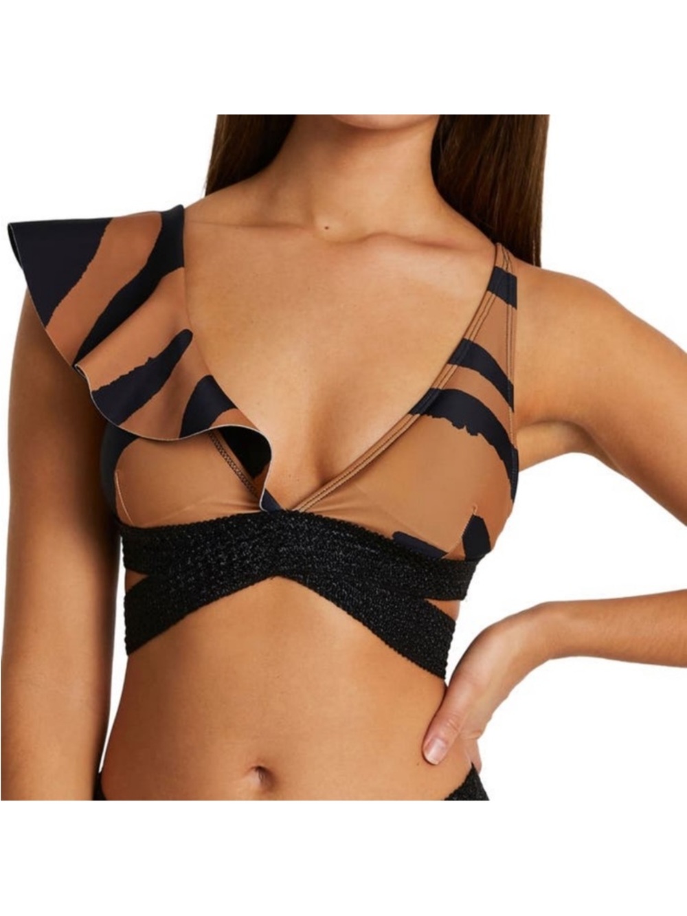 Resort One Shoulder Bikini Top Brown Black Women Size 12 Zebra Ruffle Swim